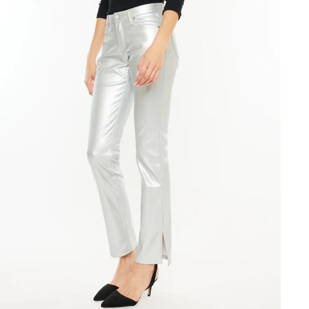 Kancan Mercury Mid Rise Y2K Faux Leather Metallic Bootcut Jeans Futuristic 30P